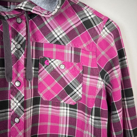 Carhartt Flannel Shirt Womens Small Pink Plaid‎ Hooded Pearl Snap Rugged Shacket - Picture 4 of 9